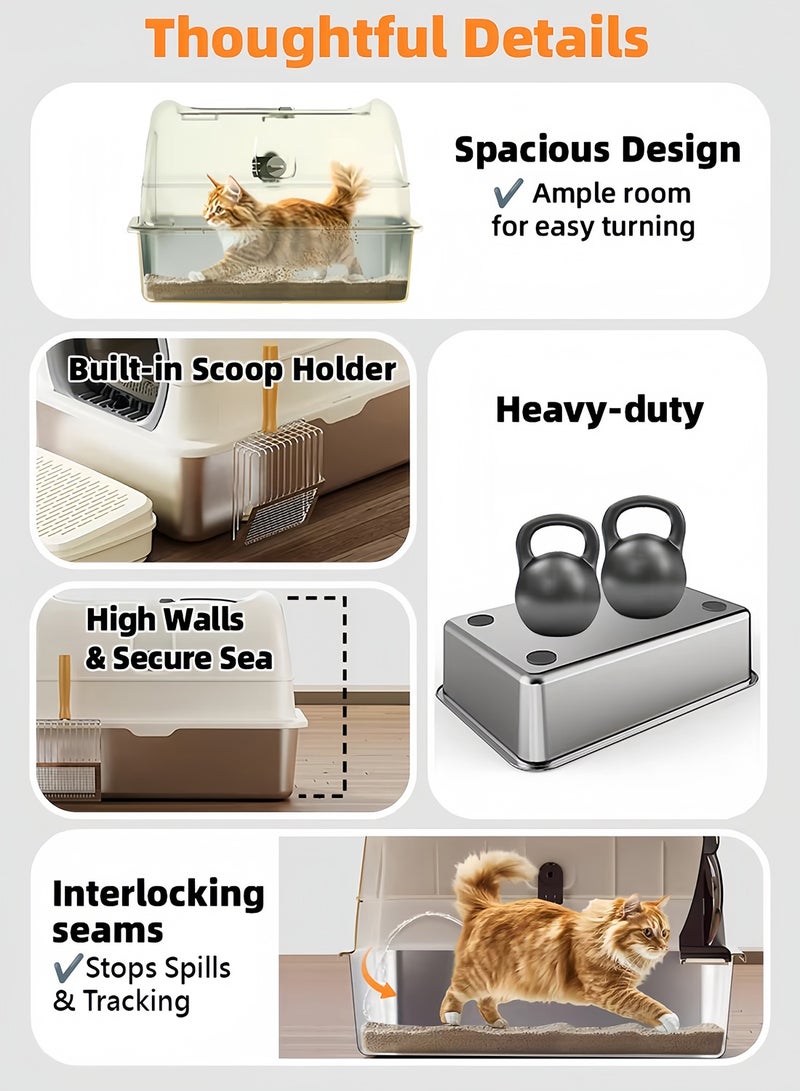 Kidle Stainless Steel Cat Litter Box with Steps & Scoop High Sides Metal Cat Litter Box with Lid Easy to Clean Non Sticky and Anti-Leakage - Image 2
